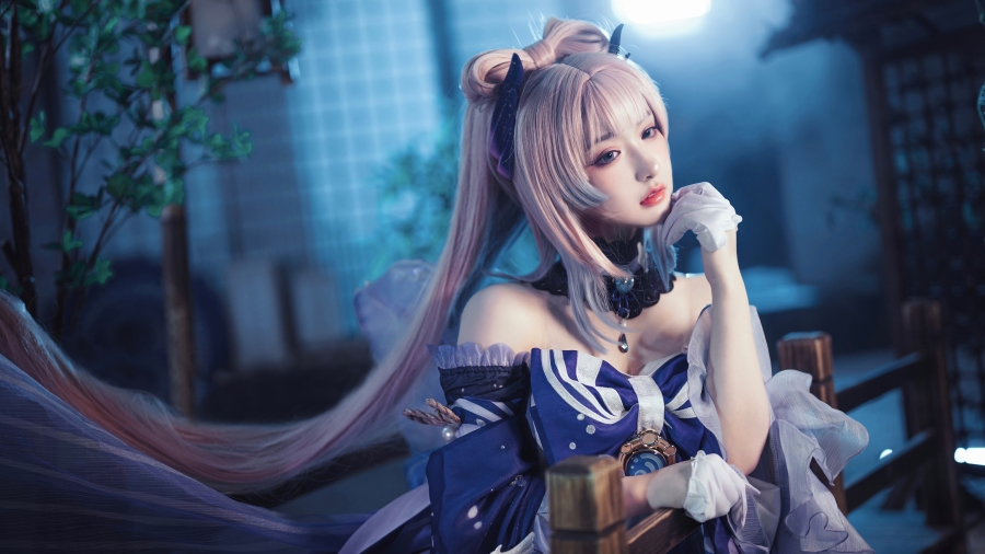 清纯游戏美女cosplay原神珊瑚宫心海、cos长发清纯美女壁纸美胸诱惑高清4k下载