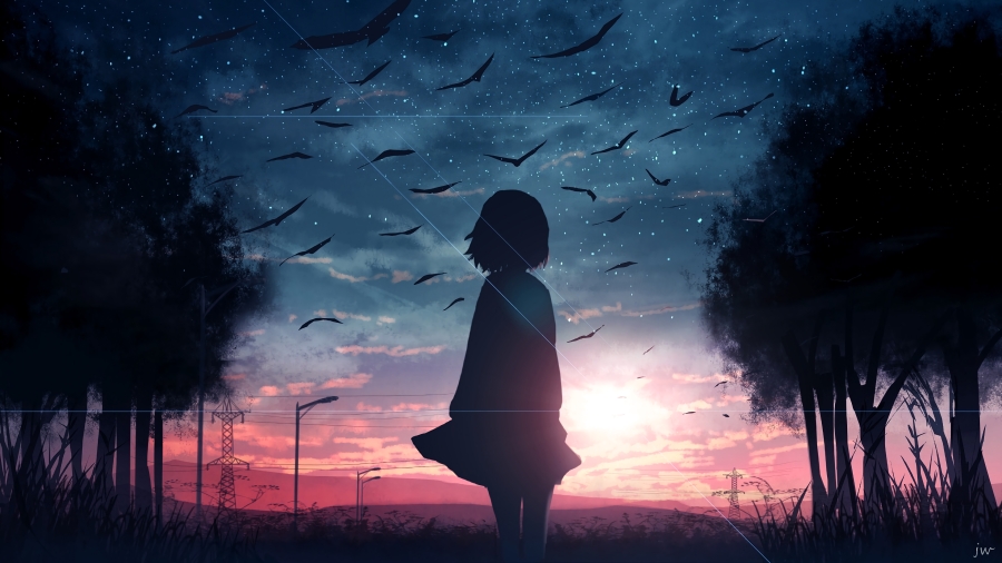 黄昏下森林中的动漫少女背景唯美4k动漫壁纸