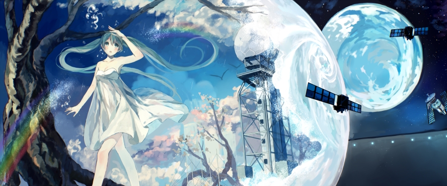 星球星空下的动漫美女VOCALOID初音未来高清4k带鱼屏3440x1440动漫壁纸