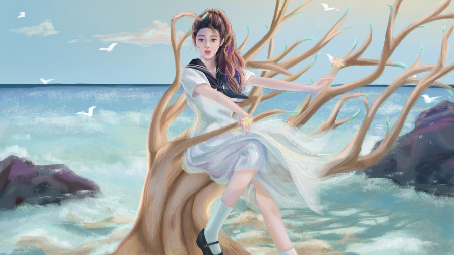 海边动漫美女坐在树上、水手服动漫女孩唯美壁纸海边创意4k动漫壁纸