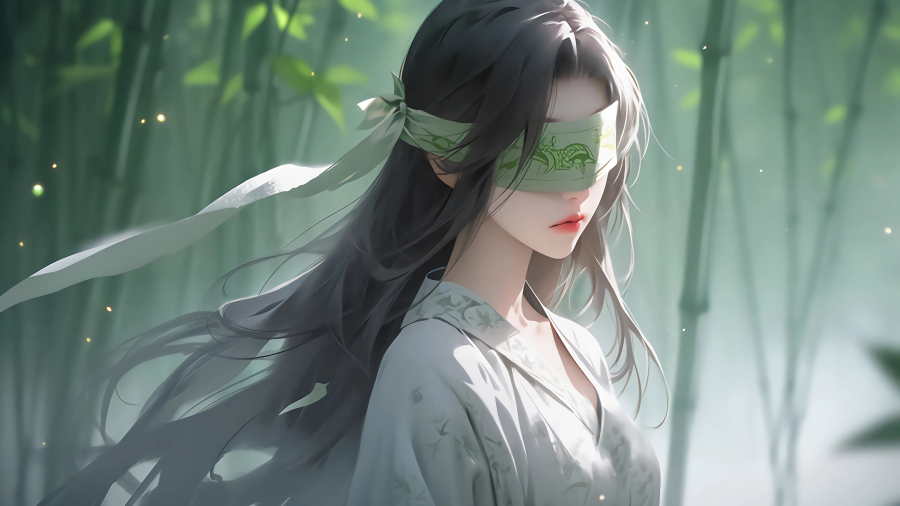 竹林秘境，小清新蒙眼女孩，古风4k壁纸免费下载