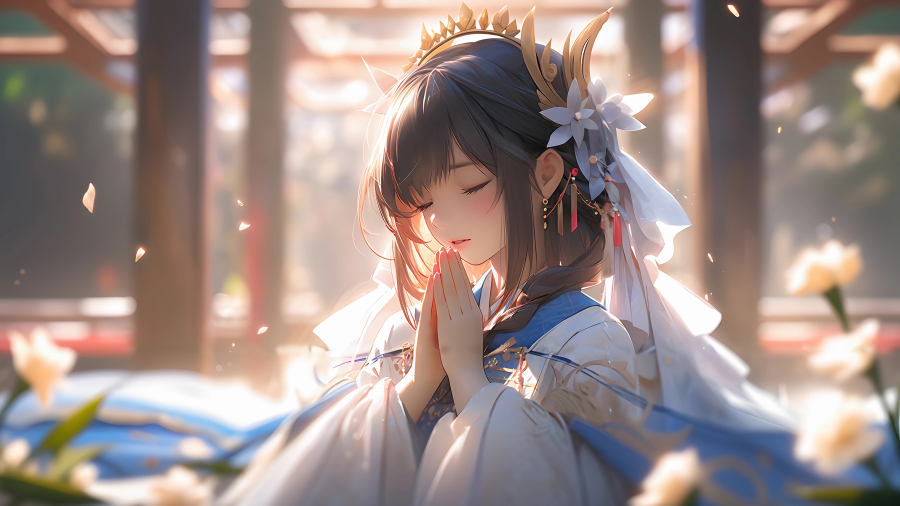 动漫女孩双手合十许愿，4k好看壁纸免费下载